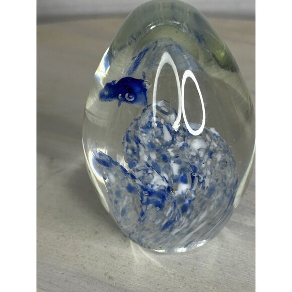 Handcrafted Glass Paperweight With Blue Fish & White Accents - Picture 8 of 11